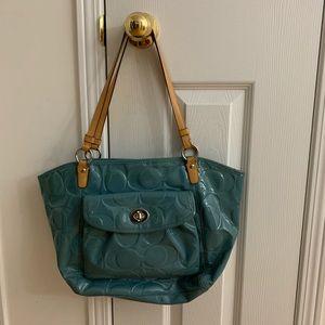 Patent blue Coach tote